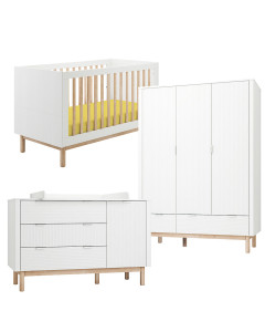 Pack Trio chambre bébé Miloo blanche avec lit bébé 70x140 + grande commode à langer + armoire 3 portes