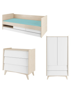 Chambre complète ado Boheme en bois blanc et naturel, style bohème chic de Bellamy (So Sixty), disponible chez Jurassien.