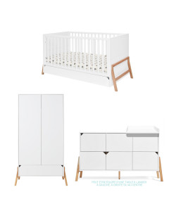 Chambre de bébé complète blanche en bois avec commode 6 tiroirs, style scandinave, marque Bellamy disponible chez Jurassien.