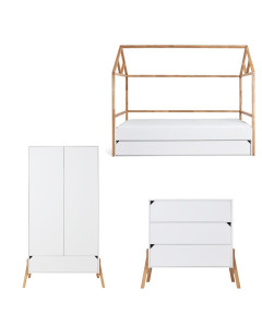 Chambre enfant Scandinave Strom : lit cabane blanc et bois, commode, armoire Bellamy - Promo chez Jurassien