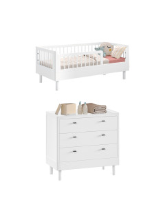 Pack lit de transition et commode Forrest blanc en bois massif pour tout-petit 2 à 5 ans, par Jaxx chez le Jurassien.