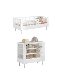 Chambre pour tout tout-petit (2 à 5 ans) Forrest blanche en bois massif avec lit de transition et meuble de rangement – disponible chez Jurassien, marque Jaxx.