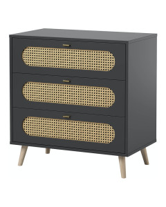 Commode Canne Vox noir en bois et cannage rotin, 3 tiroirs. Style rétro chic pour chambre enfant - Disponible chez Jurassien.