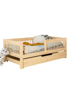 Lit enfant Montessori en bois de pin naturel avec tiroir : un espace de sommeil et de rangement tout-en-un