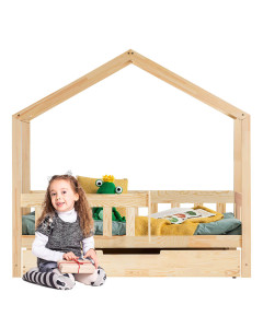 Lit cabane avec barrière et tiroir pour enfant Adeko RMP pour matelas 80