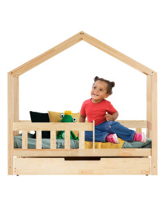 Lit cabane enfant ludique avec barrière et rangement tiroir Adeko RMP 70x140