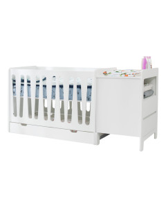 Lit bébé combiné évolutif Moon 60x120 blanc avec tiroir, de la marque Pinio, fabriqué en Europe.