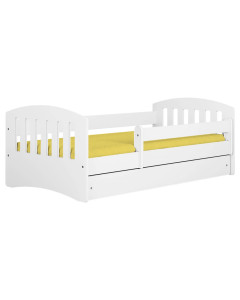 Lit enfant 80x180 cm blanc avec protection latérale et rangement coulissant, idéal pour une chambre moderne et sécurisée.