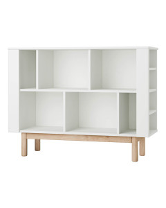 Bibliothèque blanche et bois mi-haute pour chambre d'enfant. Gamme Miloo du fabricant Pinio.