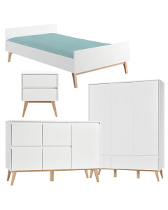 Pack lit 120x200 + chevet + large commode + armoire 3 portes Swing blanc pour ado