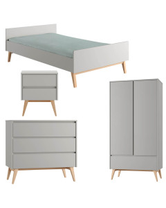 Pack lit 120x200 + chevet + commode + armoire 2 portes Swing gris