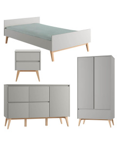 Pack lit 120x200 + chevet + large commode + armoire 2 portes Swing gris