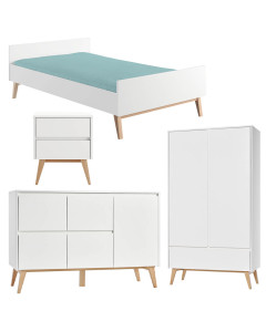 Pack lit 120x200 + chevet + large commode + armoire 2 portes Swing blanc pour ado