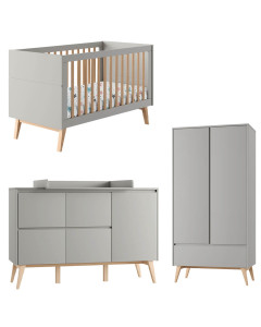 Pack lit bébé 70x140 + large commode à langer + armoire 2P Swing gris