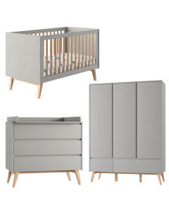 Pack lit bébé 70x140 + commode à langer + armoire 3P Swing gris