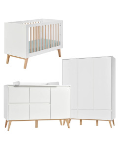 Pack lit bébé 60x120 + large commode à langer + armoire 3P Swing blanc