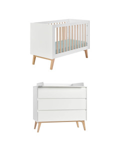 Pack chambre bébé Swing bois et blanche Pinio : lit 60x120 et commode à langer