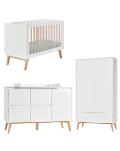 Pack lit bébé 60x120 + large commode à langer + armoire 2P Swing blanc