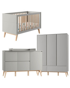 Pack lit bébé 70x140 + large commode à langer + armoire 3P Swing gris