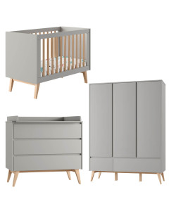 Pack lit bébé 60x120 + commode à langer + armoire 3P Swing gris