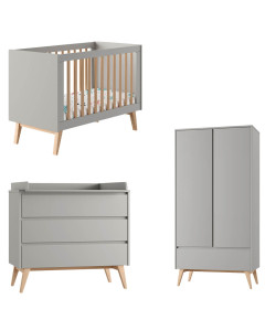 Pack lit bébé 60x120 + commode à langer + armoire 2P Swing gris