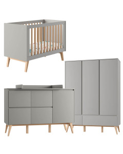 Pack lit bébé 60x120 + large commode à langer + armoire 3P Swing gris