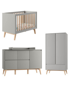 Pack lit bébé 60x120 + large commode à langer + armoire 2P Swing gris