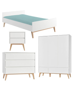 Pack lit 120x200 + chevet + commode + armoire 3 portes Swing blanc pour ado