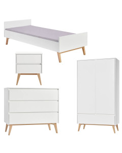 Pack lit 90x200 + chevet + commode + armoire 2 portes Swing blanc