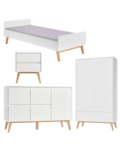 Pack lit 90x200 + chevet + large commode + armoire 2 portes Swing blanc