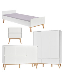 Pack lit 90x200 + chevet + large commode + armoire 3 portes Swing blanc