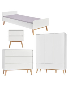 Pack lit 90x200 + chevet + commode + armoire 3 portes Swing blanc