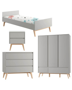 Pack lit 90x200 + chevet + commode + armoire 3 portes Swing gris