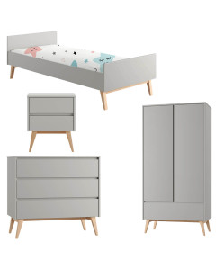 Pack lit 90x200 + chevet + commode + armoire 2 portes Swing gris