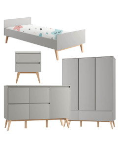 Pack lit 90x200 + chevet + large commode + armoire 3 portes Swing gris