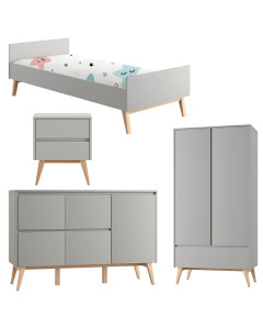 Pack lit 90x200 + chevet + large commode + armoire 2 portes Swing gris