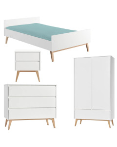 Pack lit 120x200 + chevet + commode + armoire 2 portes Swing blanc pour ado