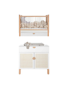 Pack DUO chambre bébé évolutive avec cannage en rotin blanche et bois Ratata