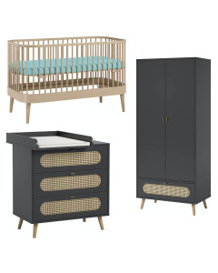 Pack TRIO chambre bébé noir et bois avec lit Paris en bois massif, design contemporain et cannage rotin par VOX - Jurassien.`