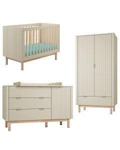 Pack Trio chambre bébé Miloo champagne avec lit bébé 60x120 + grande commode à langer + armoire 2 portes