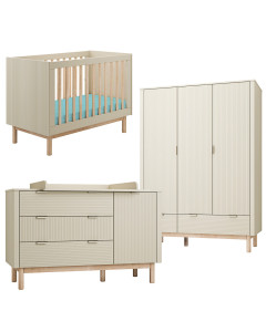 Pack Trio chambre bébé Miloo champagne avec lit bébé 60x120 + grande commode à langer + armoire 3 portes