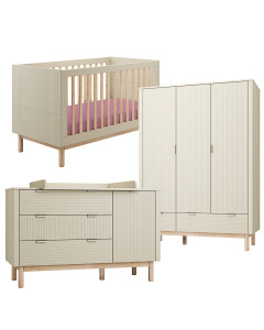 Pack Trio chambre bébé Miloo champagne avec lit bébé 70x140 + grande commode à langer + armoire 3 portes