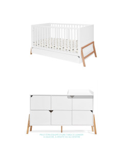 Petite chambre de bébé blanche en bois massif avec commode 6 tiroirs, modèle Strom, disponible chez Jurassien, marque Bellamy.