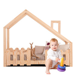 Lit Cabane en Bois avec Cheminée en Forme de Maisonnette pour bébé à partir de 2 ans