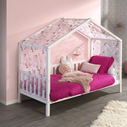 Lit enfant cabane avec voilage Dally HK blanc