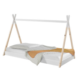 Lit tipi 90x200 Montessori blanc et bois naturel