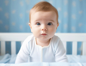 Bébé assis sur un matelas bébé 60x120, avec un fond bleu et des étoiles