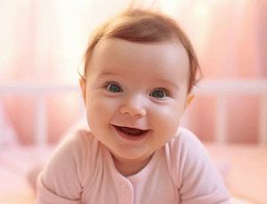 L'image montre un bébé souriant, vêtu de rose, allongé sur le ventre sur un matelas 70x140 dans un lit de bébé, avec un fond rose