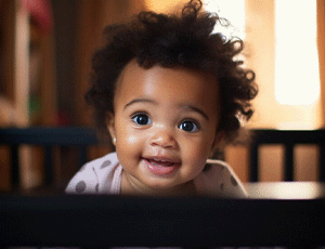 Un bébé avec des cheveux bouclés souriant joyeusement assis dans son lit bébé évolutif