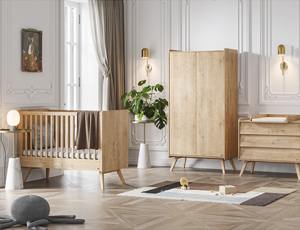 Chambre bébé Vintage de Vox : lit bébé, armoire et commode en bois naturel au design rétro et élégant